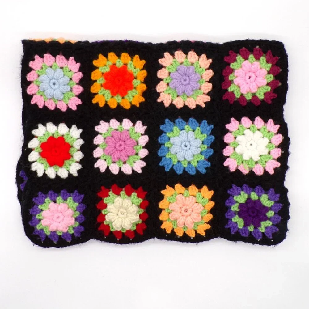 Granny Square Afghan Black 3D Flowers Throw Lap Blanket Small 34” X 25”